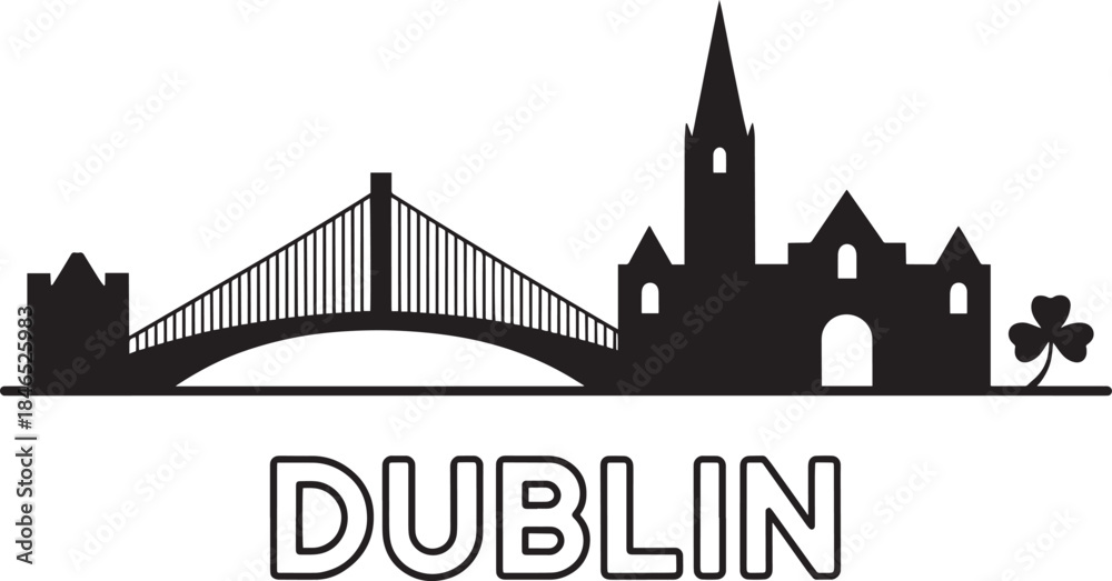 Obraz premium Dublin city skyline silhouette with bridge buildings and shamrock travel landmark vector