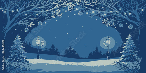 Magical winter wonderland scene with snow covered trees and street lamps