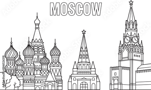 Moscow russia skyline city vector line art outline with famous landmarks minimal design