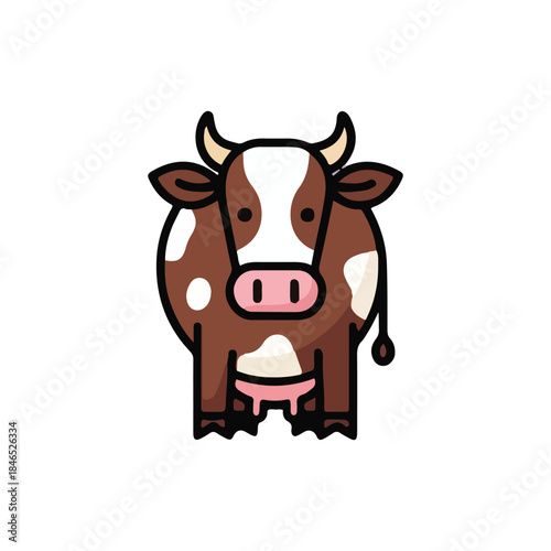 A cute illustration of a brown and white spotted cow with small horns standing forward on a white background