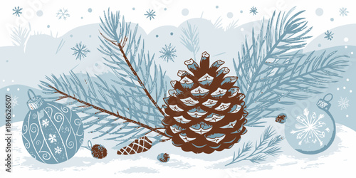 Festive winter scene with pinecone and ornaments in snow