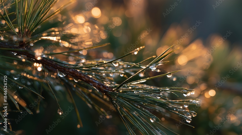 Fototapeta premium Morning light shines on pine needles covered in water droplets in a green forest