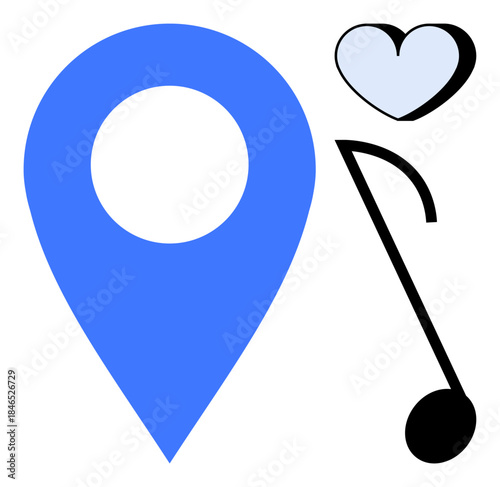 Navigation, music streaming, love for music, creative exploration, emotional connection, digital mapping. Blue location pin with a heart and musical note. Navigation and music streaming concept