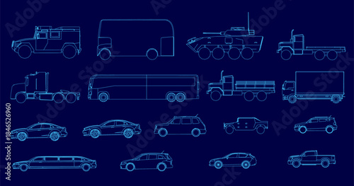 A set of car and truck blueprints in clean white contour lines on a solid blue background, showcasing detailed vehicle designs for automotive concepts. Side view