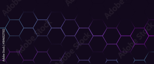 Dark hexagon abstract technology background with blue and pink colored bright flashes under hexagon. Hexagonal gaming vector abstract tech background.
