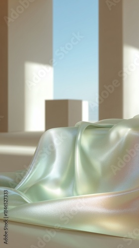 Iridescent silk drapes luxuriate under ethereal skylight in minimalist gallery, whispering tranquility and evoking International Mind-Body Wellness Day