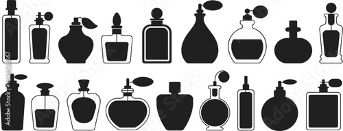 Assortment of elegant perfume bottles in silhouette on white background fragrance scent