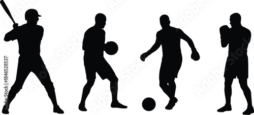 Sports silhouette vector set featuring baseball batter, basketball player dribbling, soccer player kicking, boxer fighting stance, athletic icons for team sports, fitness design