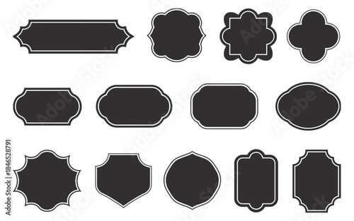 Vintage label collection with ornate frames and elegant silhouettes, decorative badge shapes for product packaging, branding, and logo design, perfect