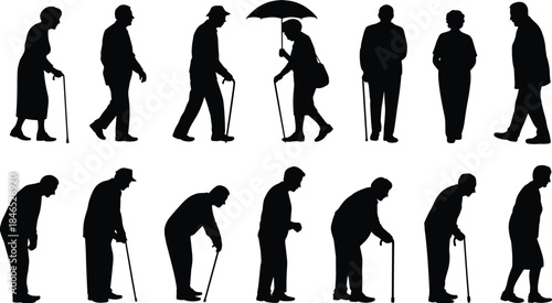 Collection Of Black Silhouettes Of Elderly People In Various Poses senior