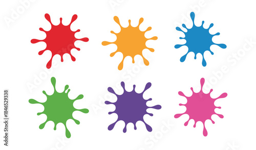 Collection of six colorful paint splatters in red, orange, blue, green, purple, and pink, representing art and creativity