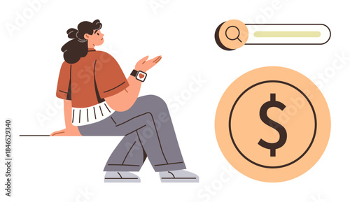 Woman in casual outfit gesturing thought while seated, with search bar and prominent dollar sign icon. Ideal for finance, saving, budgeting, investment, economics, online search financial tools. A