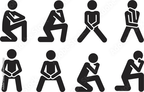 Eight black stick figure silhouettes in various kneeling and sitting poses figures
