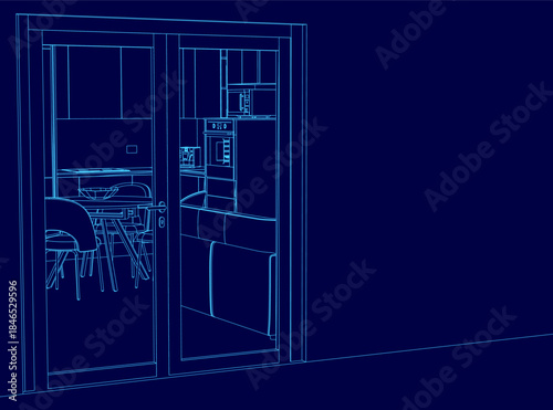 Blueprint interior design of a kitchen with a table, chairs, and cupboards in clean contour line style. A bowl and microwave oven are included in the layout.