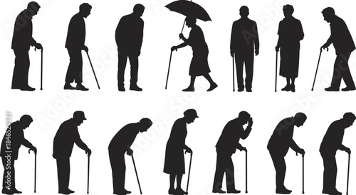 Silhouettes of elderly people in various poses and activities senior