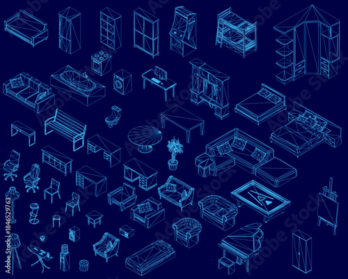 A wireframe furniture set in isometric view includes a sofa, chairs, tables, and a houseplant on a solid blue background.