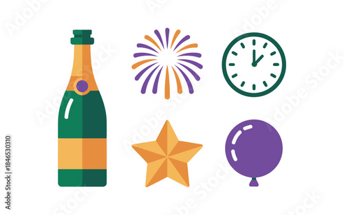 Minimalist Flat Icon Set for New Year Celebration with Champagne Bottle, Fireworks, Clock, Star, and Balloon
