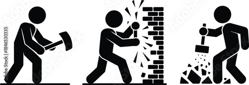Three Silhouette Figures Breaking a Brick Wall with Tools icon person