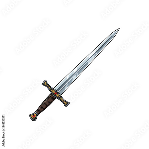 A detailed illustration of a medieval broadsword with a polished silver blade and a decorative hilt