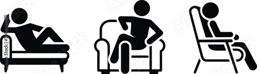 Three stick figures relaxing in different chairs and a sofa sitting resting