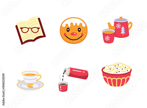 Simple Set of Cozy Winter Related Colorful Icons. Contains Icons as Open Book, Gingerbread Cookie, Teapot, Teacup, Thermos Flask, Popcorn.