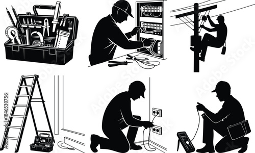 Electrician Tools And Workers Performing Electrical Tasks Silhouettes vector illustration