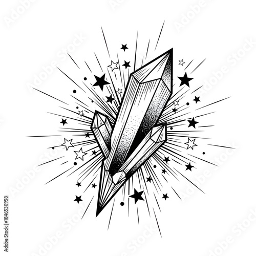 Stunning Crystal Cluster Illustration with Radiant Starburst and Star Accents, Symbolizing Magic and Mysticism