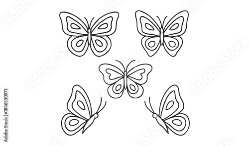 Set of five delicate butterfly outlines, representing nature, spring, and transformation for design projects.