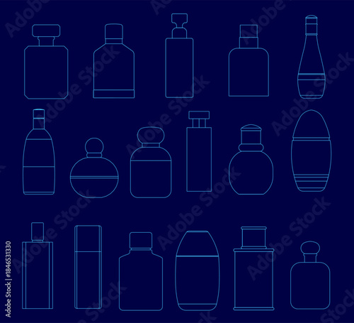 A set of perfume bottles in various blue shades and unique contours is neatly arranged on a matching blue background.