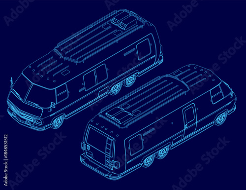 Two detailed camper van blueprints on a stark blue background highlight distinct shapes and sizes. The white contour lines and wheels stand out clearly against the color field. Isometric view