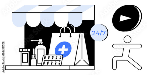 Online pharmacy, telemedicine, healthcare services, e-commerce, medical delivery, accessibility. Medical bag with cross, pills bottles store canopy delivery icon. Online pharmacy and telemedicine