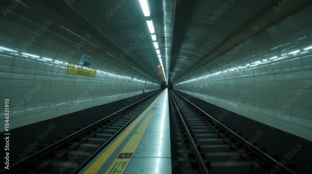 Fototapeta premium Subway tunnel with tiled walls, illuminated ceiling lights and empty dual rail tracks in deep perspective