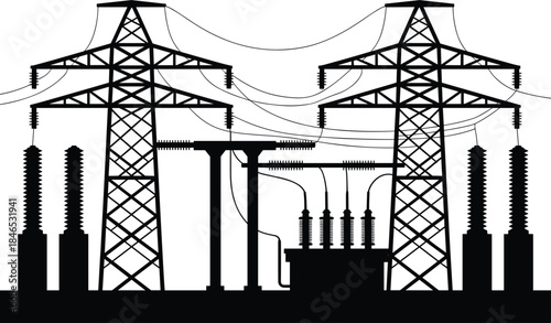 Silhouette of Electrical Substation with Power Lines and Transformers on White Background power station