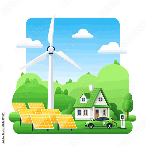 Sustainable Eco-Friendly Energy Solutions Solar Panels, Wind Turbine, and Electric Car Charging in a Green Landscape