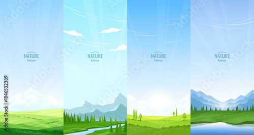 Collection of landscapes with natural scenery. Green hills covered with grass, river flowing through the valley, mountains, and trees. Vector illustration.