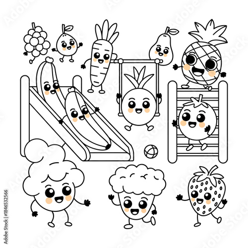 kawaii fruits vegetables coloring page cartoon cute food playground illustration.