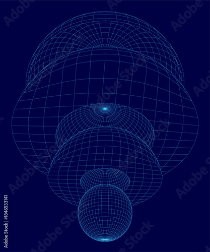 A wireframe sphere with a glowing blue grid represents Earth's internal structure and planetary core. The dark background emphasizes its scientific and cosmic nature.