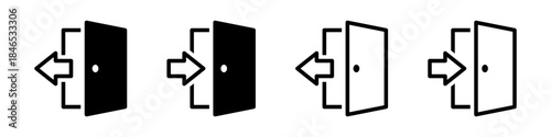 Set of exit and enter door icons. Vector illustration of login and logout symbols. Open door with arrow signs isolated on white background.