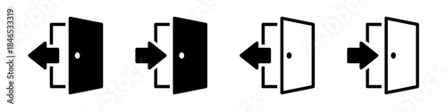 Set of exit and enter door icons. Vector illustration of login and logout symbols. Open door with arrow signs isolated on white background.