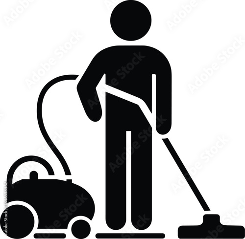 Black silhouette of a person vacuuming with a vacuum cleaner cleaning icon
