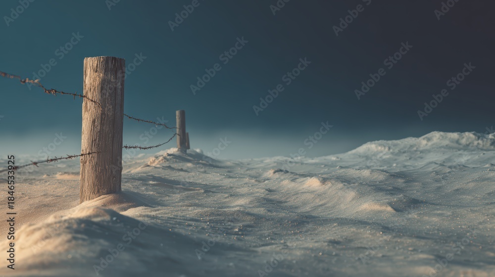 Obraz premium Snowy Landscape and Fence Post: A rustic wooden fence post stands sentinel in a serene, snow-covered landscape under a twilight sky, creating a scene of peaceful isolation and quiet beauty.