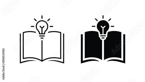 Knowledge icon. Open book with light bulb icon set for knowledge, learning, and creative ideas.