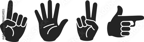 Four Black Silhouette Hand Gestures Including Pointing and Counting on White Background icon symbol