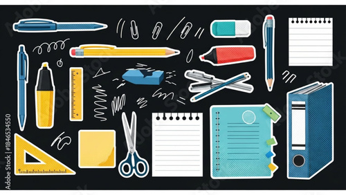 Modern Retro Halftone Office Stationery Sticker Elements Set on Black Background