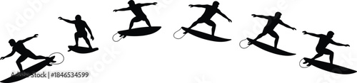 Surfer aerial trick sequence, black silhouette progression, six-frame vector illustration, surfboard with leash, dynamic motion study, extreme sports action, coastal balance