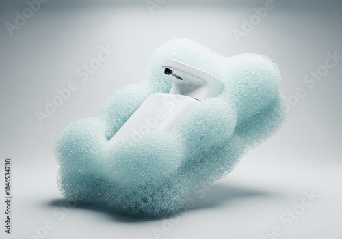 Modern Automatic Soap Dispenser Surrounded by Luxurious Bubbles, Promoting Cleanliness and Hygiene, Perfect for Health and Wellness Campaigns
