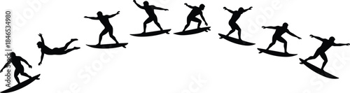 Surfer silhouette sequence showing progressive surfing aerial maneuver, dynamic motion study, surfboard trajectory, action sports, balance and technique illustration, vector minimal style
