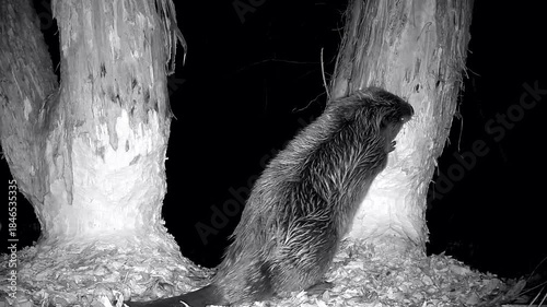 Biber steht auf den Hinterbeinen und nagt eifrig Späne aus einem Weichholzbaum, Castor fiber, Nahaufnahme, Nachtaufnahme, Naturpark Spessart