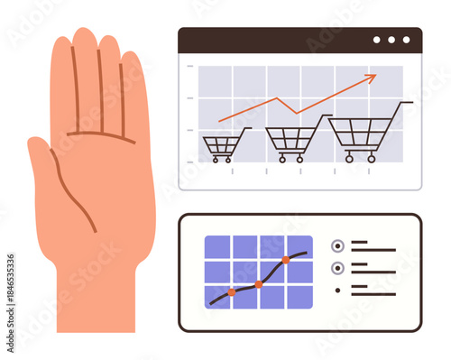Hand signals halt near increasing shopping cart chart, analytics dashboard tracking sales trends. Ideal for e-commerce, strategy, growth control, analytics, business goals, consumer behavior, simple