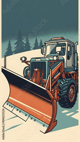 Snowplow Tractor Clearing Snow from Road.